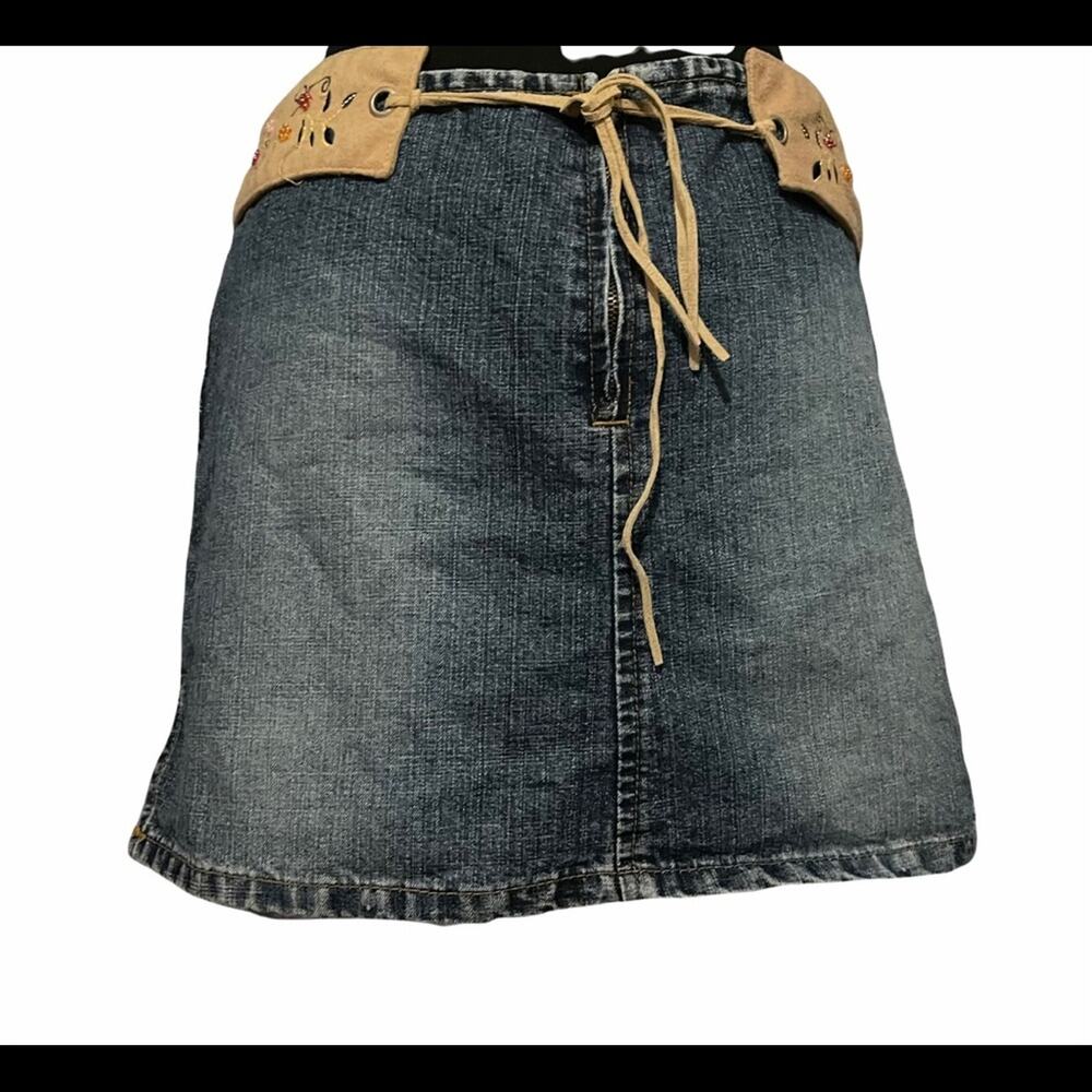 Y2K Boho Hippie Festival Floral Embroidered Fringe Belt Denim Mini Skirt 9/10